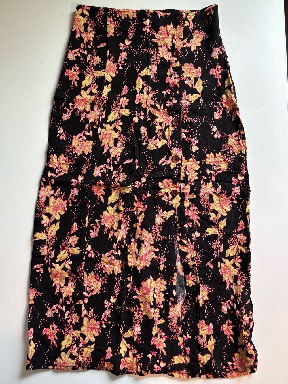 Free People Boho Floral Button Down Midi Skirt Black Pink Gold XS High Waist